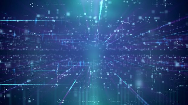 Puzzling 3d illustration of a pioneering technology cyberspace passage through a time portal with diminishing squares. The background is blue. It has a lot of dazzling dots, rays, and lines.