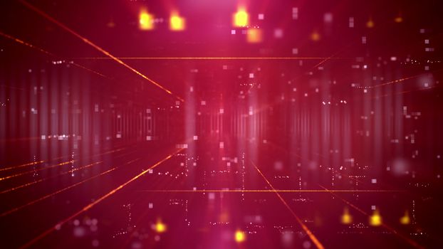 Fantastic 3d rendering of a breakthrough technology cyberspace passage through a time portal with reducing squares. The background is purple. It has a lot of sparkling spotlights and rays.