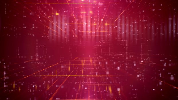 Mesmerizing 3d rendering of a step forward technology cyberspace passage through a time portal with a grid of squares. The background is purple. It has a lot of shining spotlights and rays.
