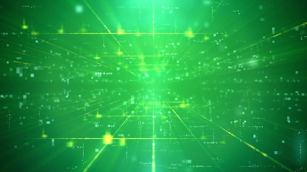Impressive 3d rendering of an innovative technology cyberspace channel through a time portal with a grid of figures. The background is green. It has a lot of gleaming spotlights and rays.