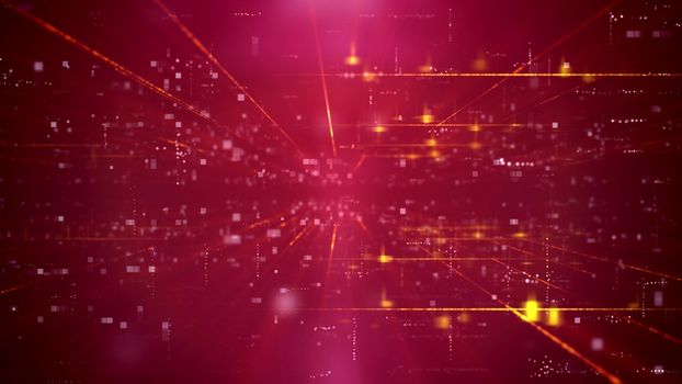 Thrilling 3d illustration of an advanced technology cyberspace channel through a time portal with a network of squares. The background is purple. It has a lot of shimmering spotlights and rays.