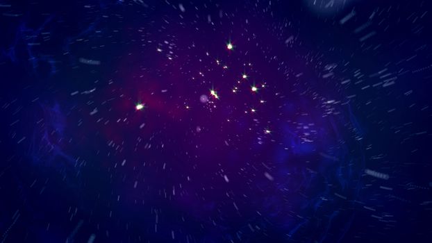 Abstract 3d rendering of an open space flight with bright stars, flashing meteors, nebulas, particles, in the dark blue background. The spacescape looks great and gorgeous.