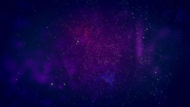 Artistic 3d illustration of an open space journey with sparkling stars, flashing meteors, red and white nebulas, in the dark blue background. The spacescape looks fine and fabulous