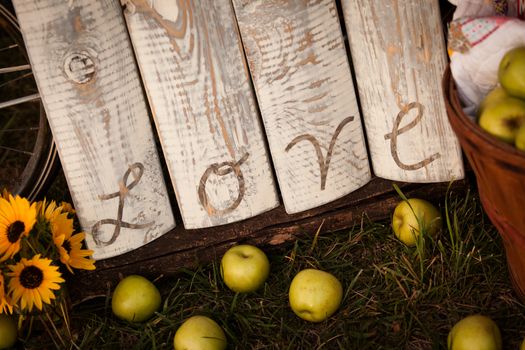 Rustic old wooden sign with the word "love" written on old wood. Apples and daffodils in foreground.