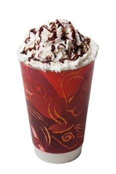 Generic Hot Coffee or Cappuccino w whipped cream and chocolate syrup. Isolated on white.