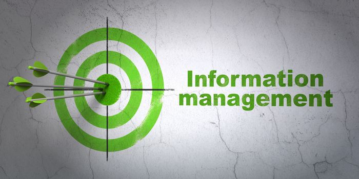 Success Data concept: arrows hitting the center of target, Green Information Management on wall background, 3D rendering