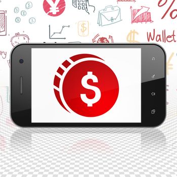 Banking concept: Smartphone with  red Dollar Coin icon on display,  Hand Drawn Finance Icons background, 3D rendering