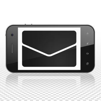 Business concept: Smartphone with  black Email icon on display,  Tag Cloud background, 3D rendering