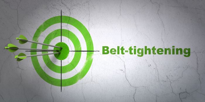 Success business concept: arrows hitting the center of target, Green Belt-tightening on wall background, 3D rendering