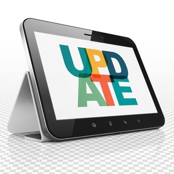 Web development concept: Tablet Computer with Painted multicolor text Update on display, 3D rendering