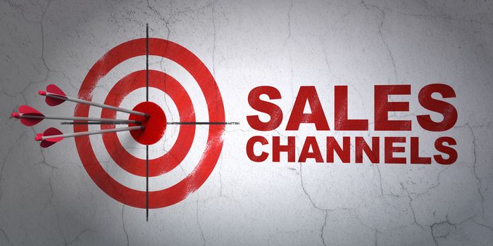 Success advertising concept: arrows hitting the center of target, Red Sales Channels on wall background, 3D rendering