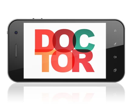 Medicine concept: Smartphone with Painted multicolor text Doctor on display, 3D rendering