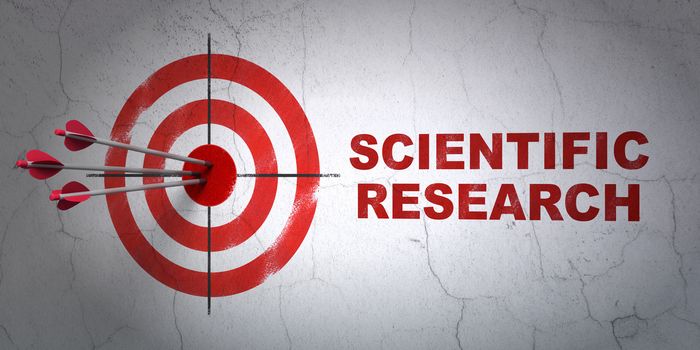 Success Science concept: arrows hitting the center of target, Red Scientific Research on wall background, 3D rendering