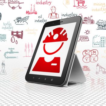 Industry concept: Tablet Computer with  red Factory Worker icon on display,  Hand Drawn Industry Icons background, 3D rendering