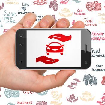 Insurance concept: Hand Holding Smartphone with  red Car And Palm icon on display,  Hand Drawn Insurance Icons background, 3D rendering