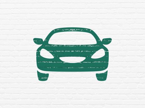 Tourism concept: Painted green Car icon on White Brick wall background