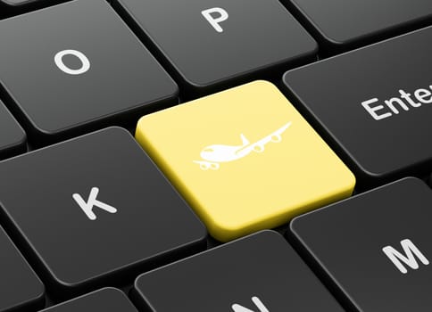 Tourism concept: computer keyboard with Airplane icon on enter button background, 3D rendering