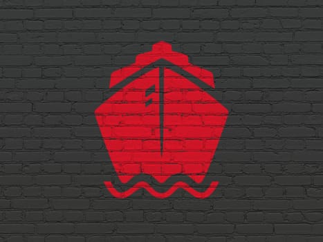 Tourism concept: Painted red Ship icon on Black Brick wall background