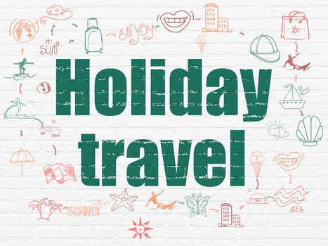 Vacation concept: Painted green text Holiday Travel on White Brick wall background with Scheme Of Hand Drawn Vacation Icons