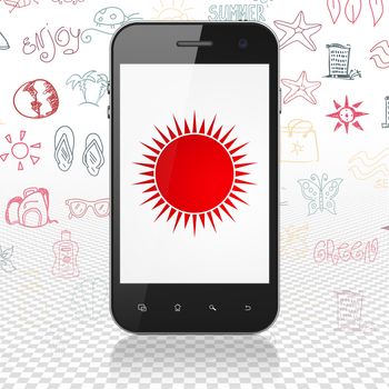 Travel concept: Smartphone with  red Sun icon on display,  Hand Drawn Vacation Icons background, 3D rendering