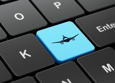 Travel concept: computer keyboard with Aircraft icon on enter button background, 3D rendering