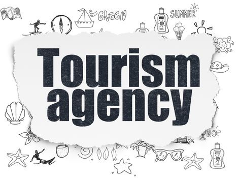 Tourism concept: Painted black text Tourism Agency on Torn Paper background with  Hand Drawn Vacation Icons