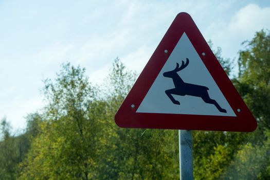 Red and white animal sign in front of forest on a sunny day.