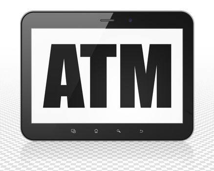 Currency concept: Tablet Pc Computer with black text ATM on display, 3D rendering