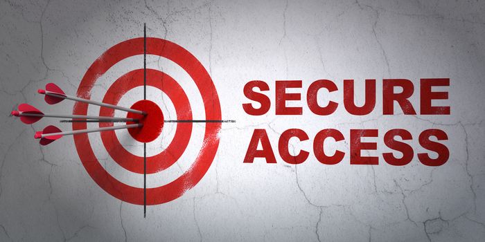 Success protection concept: arrows hitting the center of target, Red Secure Access on wall background, 3D rendering