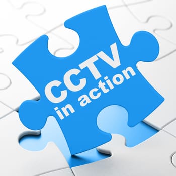 Protection concept: CCTV In action on Blue puzzle pieces background, 3D rendering