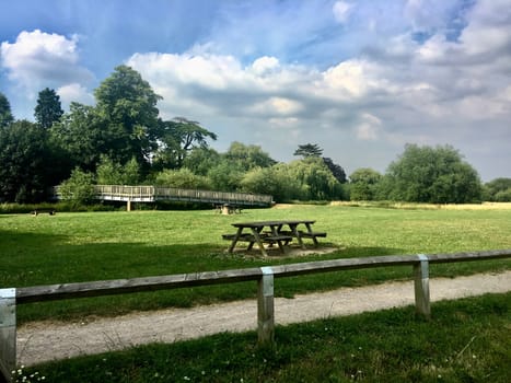 Bench in green public park. Newport Pagnell. England.