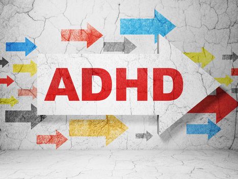 Health concept:  arrow with ADHD on grunge textured concrete wall background, 3D rendering