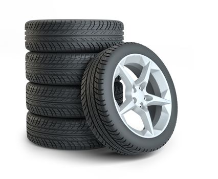 Stack of wheels on white background. 3d illustration