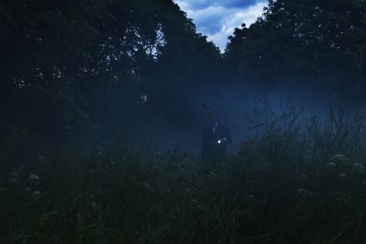 Lonely man with flashlight wandering in vague forest landscape. Mysterious light in gloomy dark field with mist between trees and grass.Horror moment in foggy forest. Dark man silhouette on the trail. Soft focus.