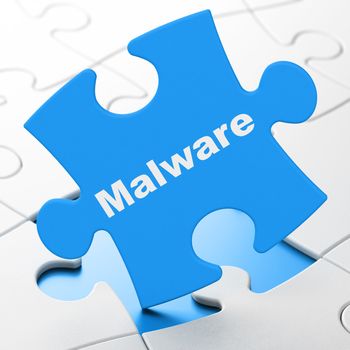 Protection concept: Malware on Blue puzzle pieces background, 3D rendering