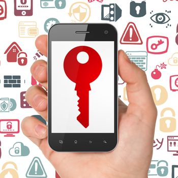 Protection concept: Hand Holding Smartphone with  red Key icon on display,  Hand Drawn Security Icons background, 3D rendering