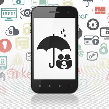 Security concept: Smartphone with  black Family And Umbrella icon on display,  Hand Drawn Security Icons background, 3D rendering