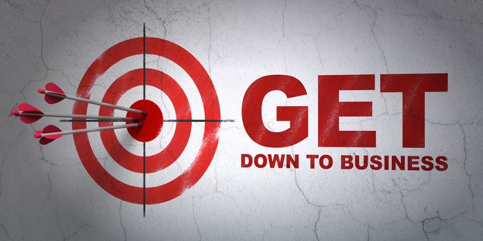 Success business concept: arrows hitting the center of target, Red Get Down to business on wall background, 3D rendering