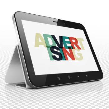 Advertising concept: Tablet Computer with Painted multicolor text Advertising on display, 3D rendering