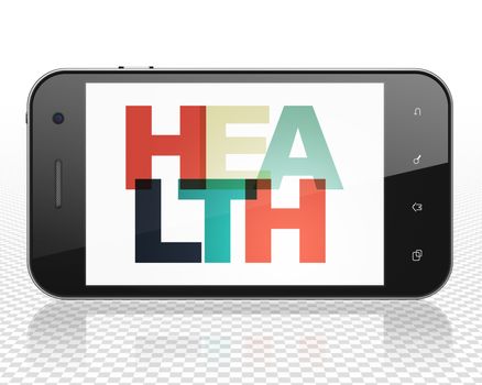 Medicine concept: Smartphone with Painted multicolor text Health on display, 3D rendering