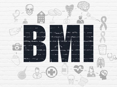 Healthcare concept: Painted black text BMI on White Brick wall background with Scheme Of Hand Drawn Medicine Icons