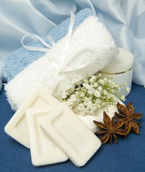 natural products for body care on colored background