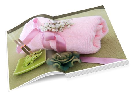 book illustration of pink towel, incense sticks and candle