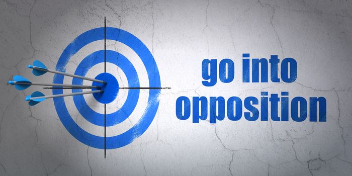 Success political concept: arrows hitting the center of target, Blue Go into Opposition on wall background, 3D rendering