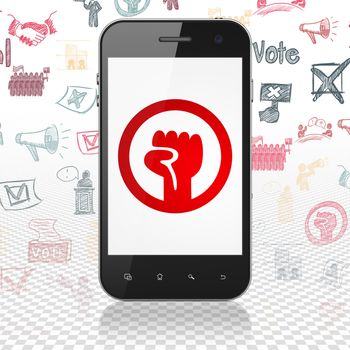 Politics concept: Smartphone with  red Uprising icon on display,  Hand Drawn Politics Icons background, 3D rendering