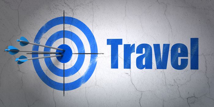 Success holiday concept: arrows hitting the center of target, Blue Travel on wall background, 3D rendering