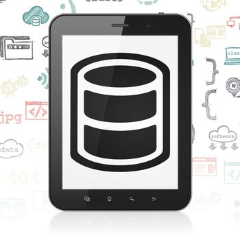 Software concept: Tablet Computer with  black Database icon on display,  Hand Drawn Programming Icons background, 3D rendering