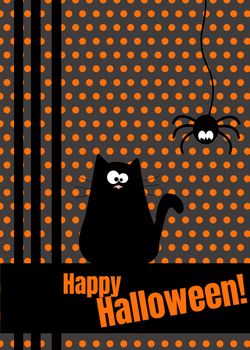 Happy Halloween greeting card with hanging on dash line web spider insect and black funny cat. Cute cartoon character. Flat design Orange polka dot background.