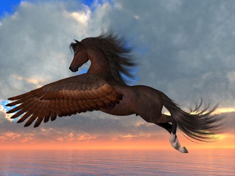 An Arabian Pegasus horse flies over the ocean with powerful wing beats on his way to his destination.