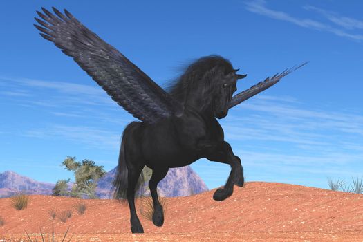 A mythical Pegasus with a beautiful black satin coat rises into the sky on powerful wing beats.
